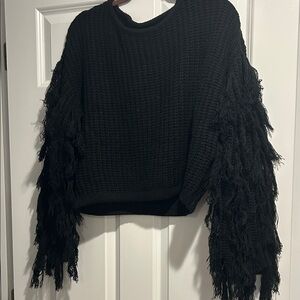 Elegant Black Fringe Sleeve Blouse